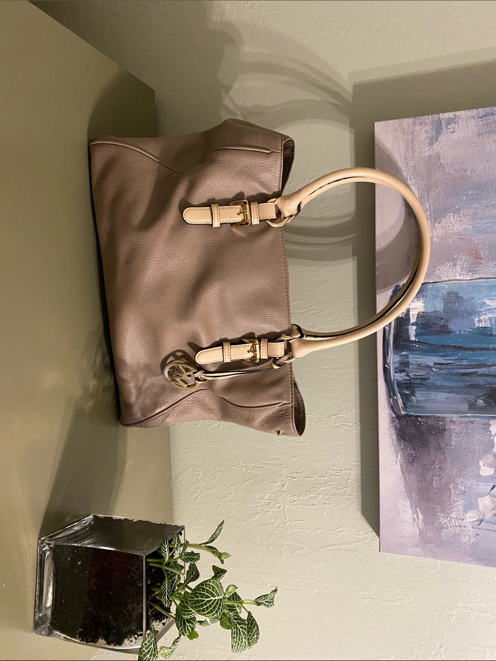 Taupe Leather Tote Bag with Beige Handles